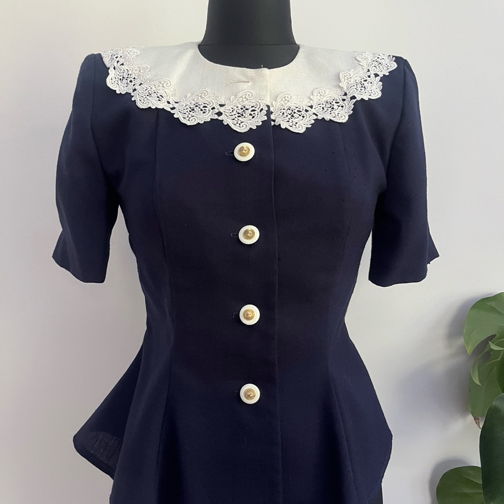 Navy blue vintage 1980s Reina Lace Collar Blazer